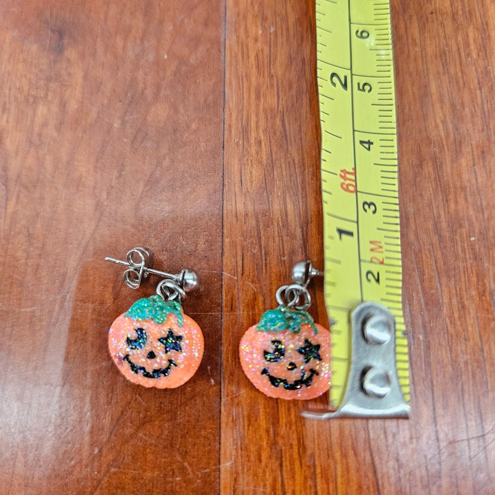 Halloween Pumpkin Earrings‎ Jack O Lantern Stud Drop Earrings Glitter Jewelry - Picture 3 of 3